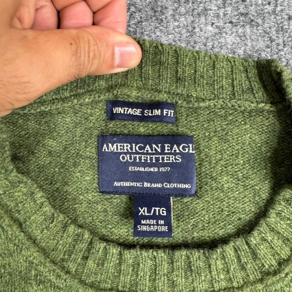 American Eagle Sweater Mens XL Green Wool Blend Vintage Slim Fit Crewneck Ribbed